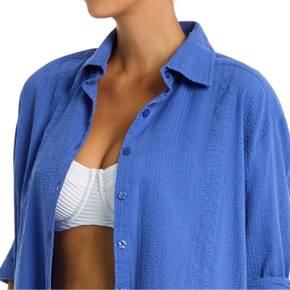 Seasalt Cornwall Blue Textured Cotton Blend Button Down Shirt SZ M New - Picture 2 of 6